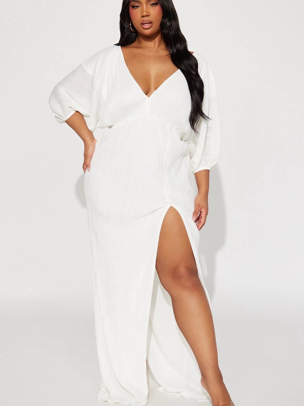 Elegant White Pleated V-Neck Maxi Dress | Fashion Nova
